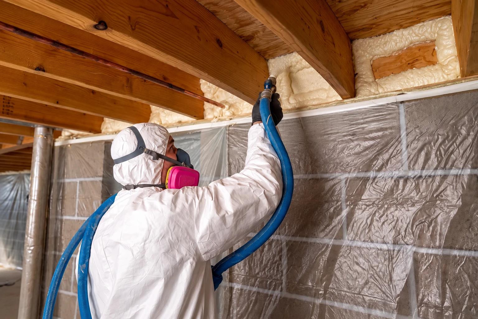 Worker wearing a respirator uses a blue hose to spray foam around exposed ceiling joists above a plastic-lined basement.