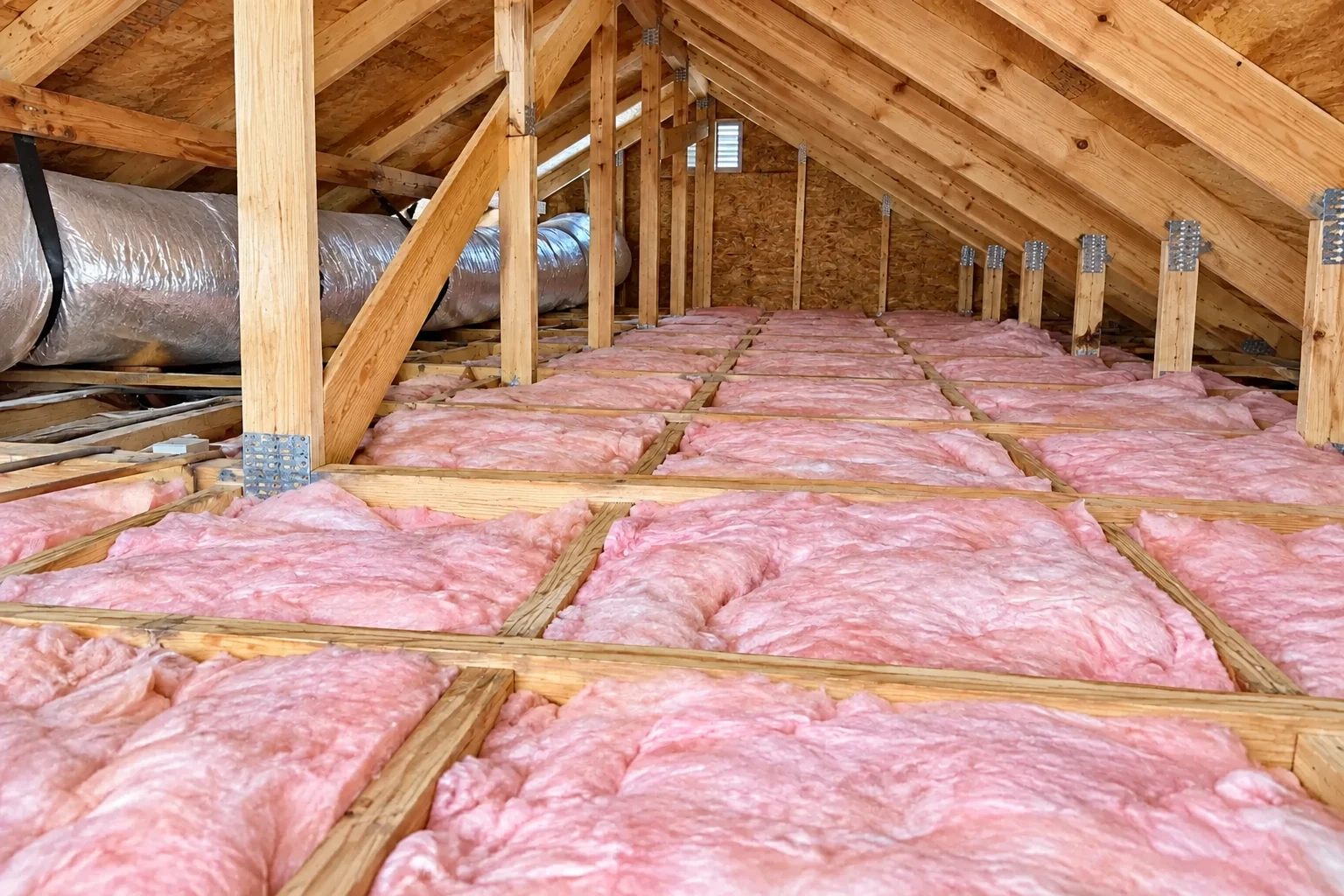 Pink batt insulation fills attic floor joists beneath exposed wooden roof trusses and a large duct.