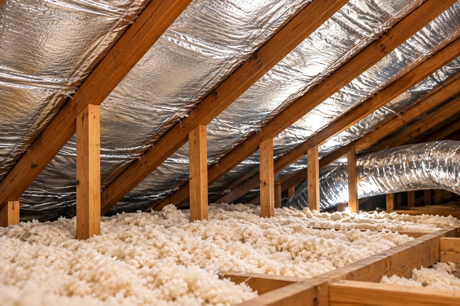 Attic air sealing with reflective foil lining the roof, exposed wooden rafters, and loose white blown-in insulation across the floor.