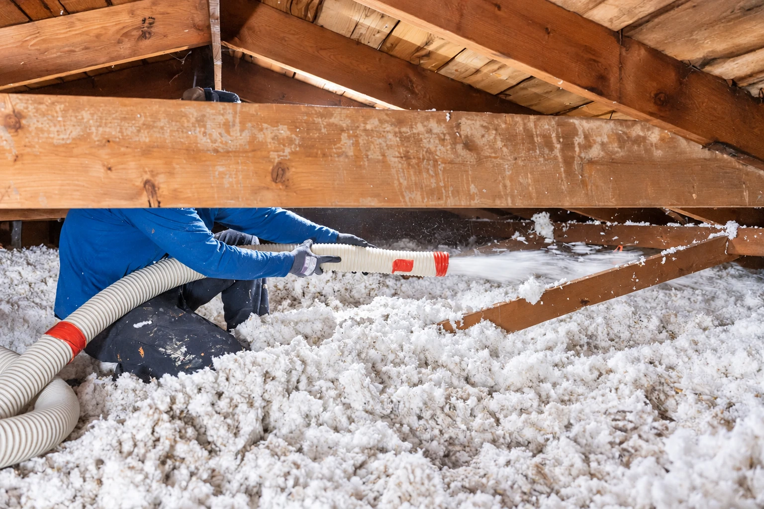 A worker in blue directs a hose to spread loose white insulation across an attic floor between wooden rafters.