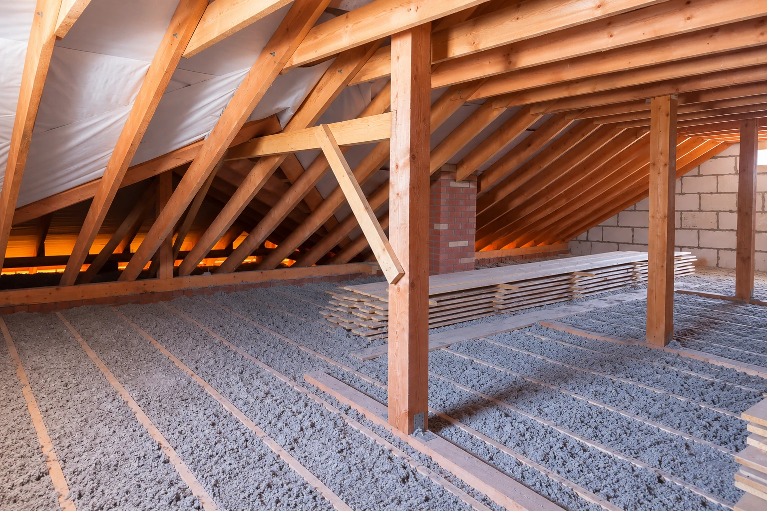 Attic with exposed wooden rafters and a floor covered in gray blown-in insulation.