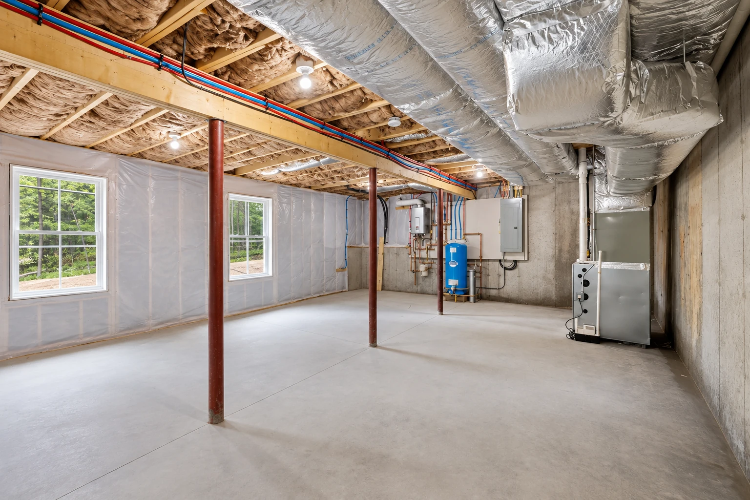 Finished basement with white insulation lining the walls and fiberglass batts between ceiling joists.