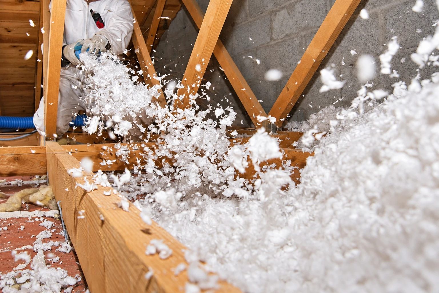 A worker in protective coveralls blows loose white insulation into an attic framed with exposed wooden beams.