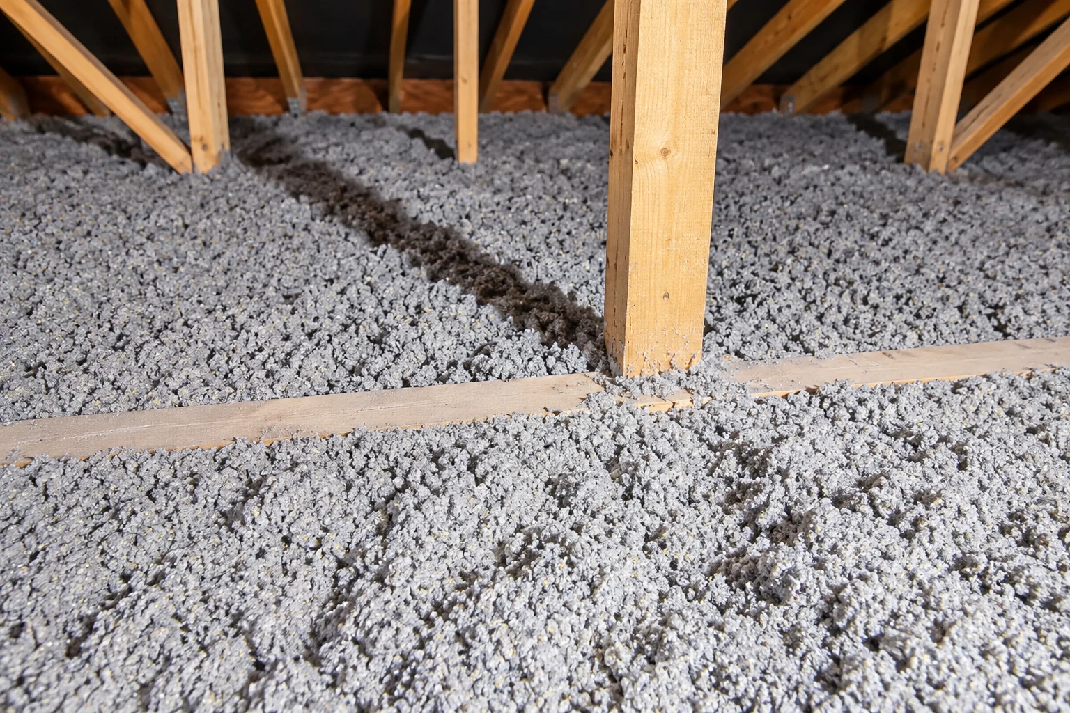 Gray blown-in insulation covers an attic floor around exposed wooden trusses and supports.