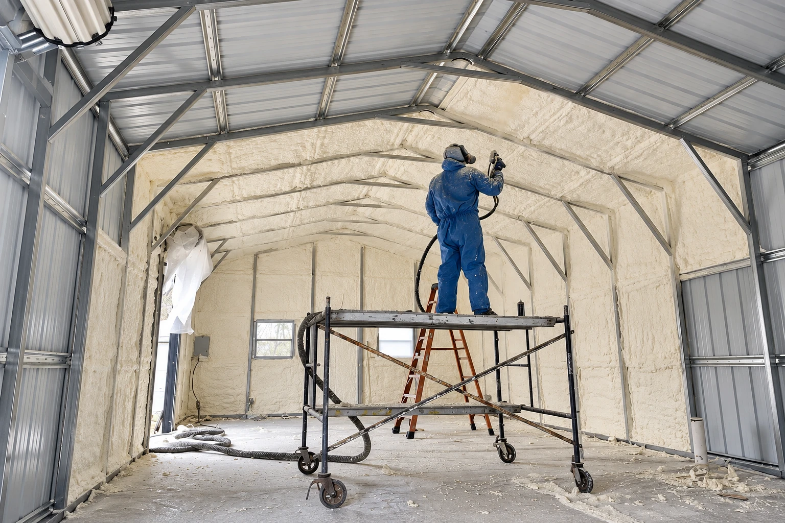 Worker sprays foam insulation onto the walls and roof of a metal-framed commercial building from a scaffold.