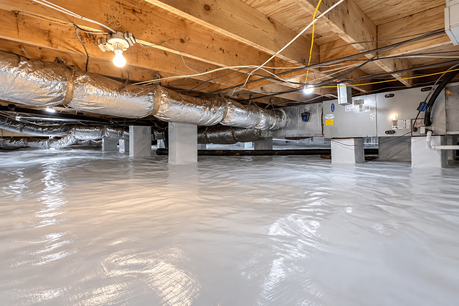 A crawl space has a shiny plastic vapor barrier across the floor beneath ducts, pipes, and wooden joists.
