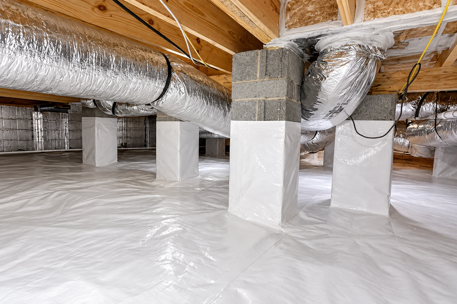 White vapor barrier covers a crawl space floor and support piers beneath foil-wrapped ducts.
