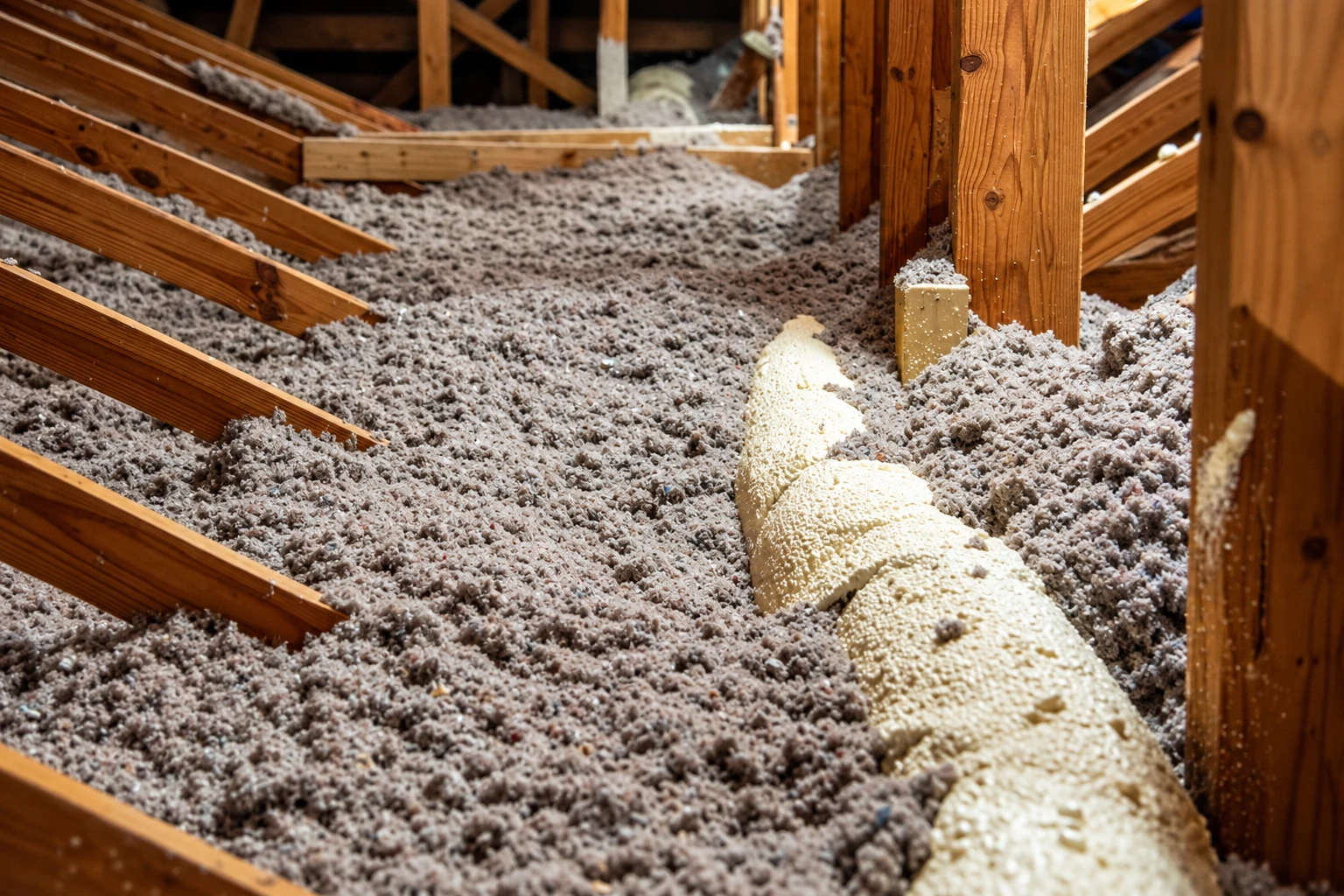Loose gray insulation covers an attic floor around wooden rafters, with a strip of pale foam running across it.