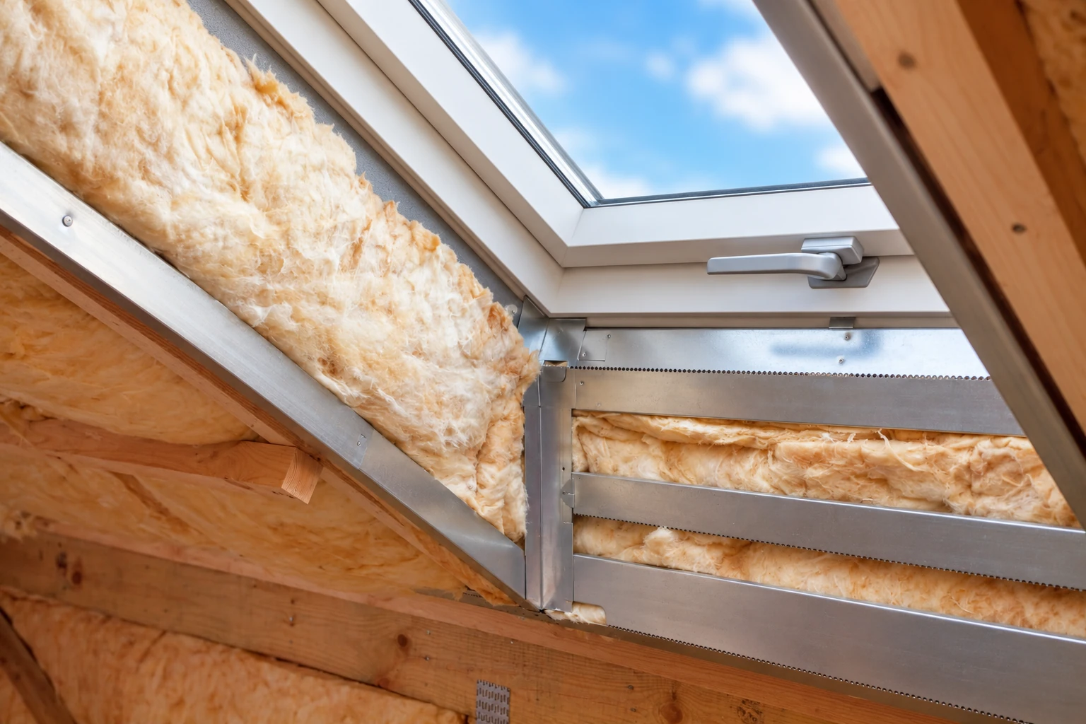 Fiberglass insulation fills the sloped roof framing around a skylight in an attic.
