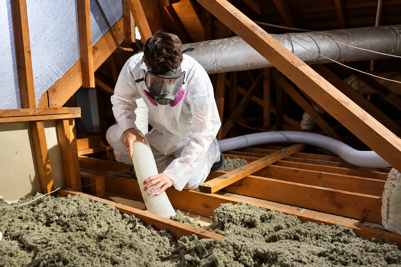 A worker in protective coveralls and a respirator handles a hose above loose gray insulation in an attic.