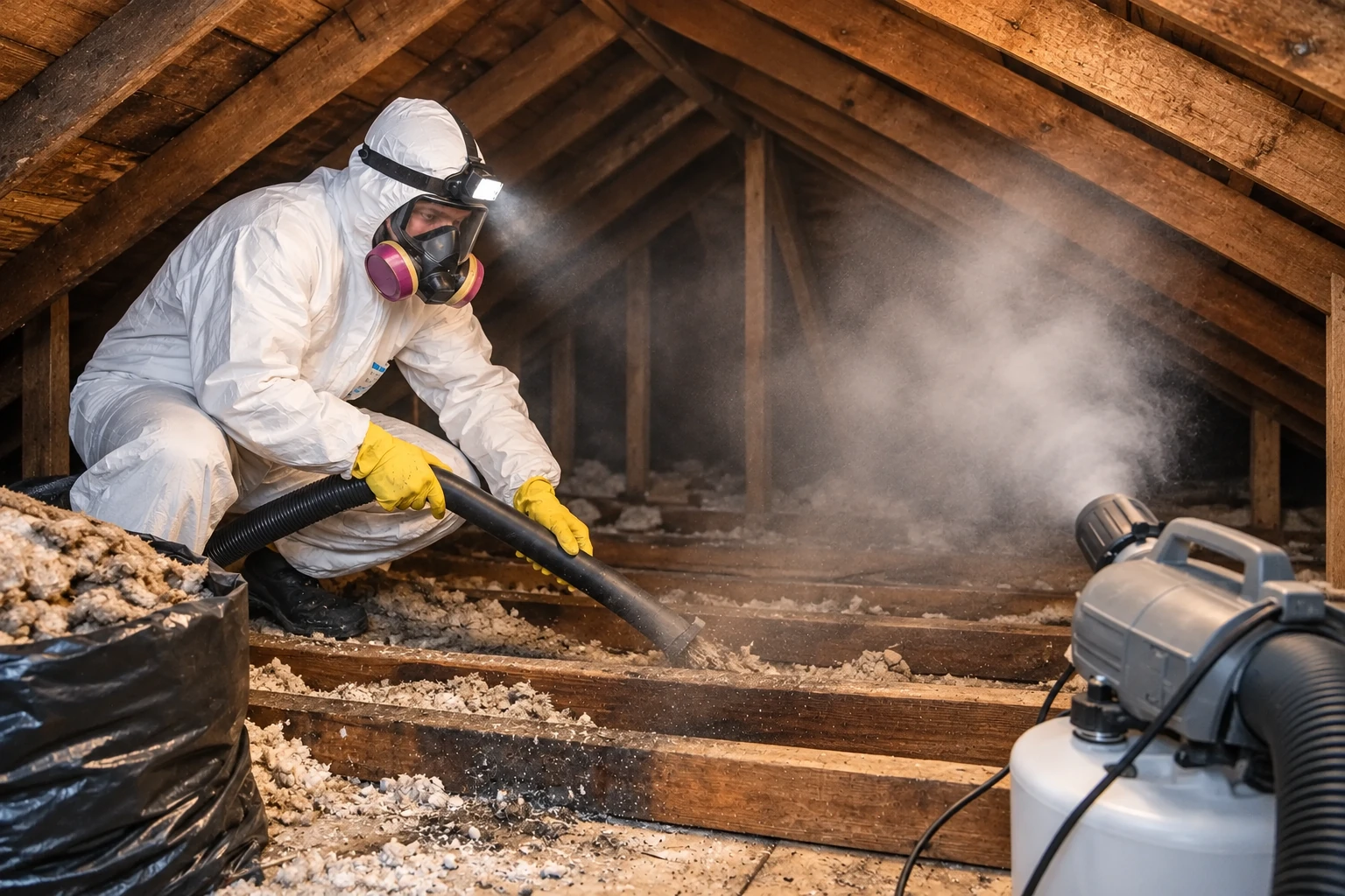 A worker in protective gear vacuums loose attic insulation into a hose amid rafters and drifting dust.