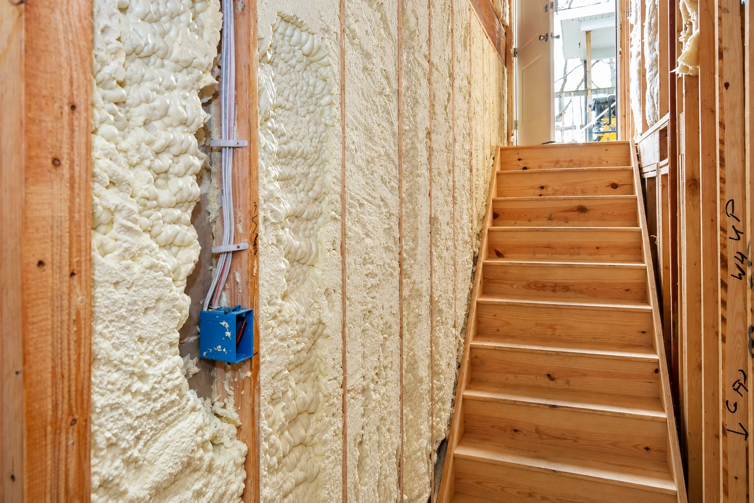 Open-cell spray foam fills exposed wall cavities beside a wooden staircase in an unfinished home.