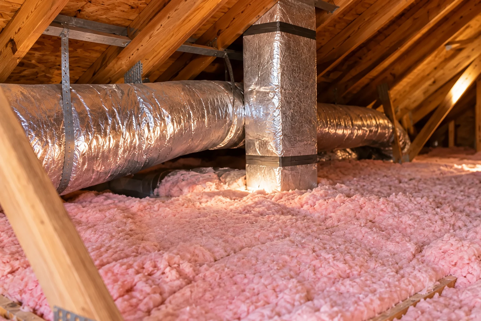 Attic retrofit insulation with pink fiberglass batts across the floor and reflective silver HVAC ducts beneath exposed wooden rafters.