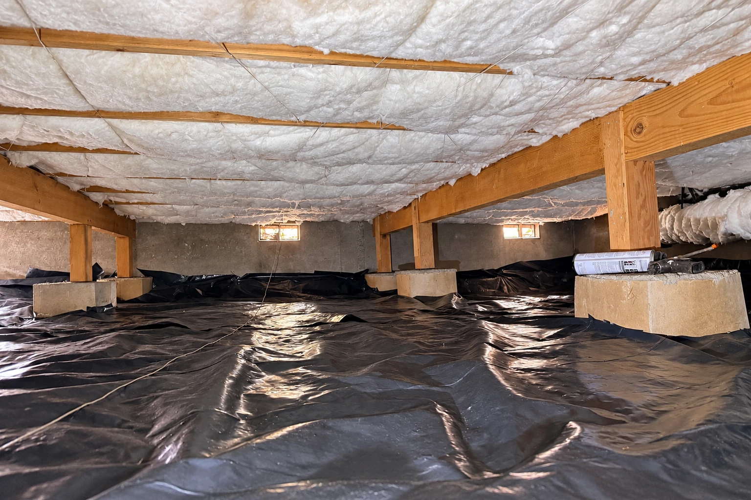Crawl space with white insulation fitted beneath the floor joists and black plastic sheeting covering the ground.