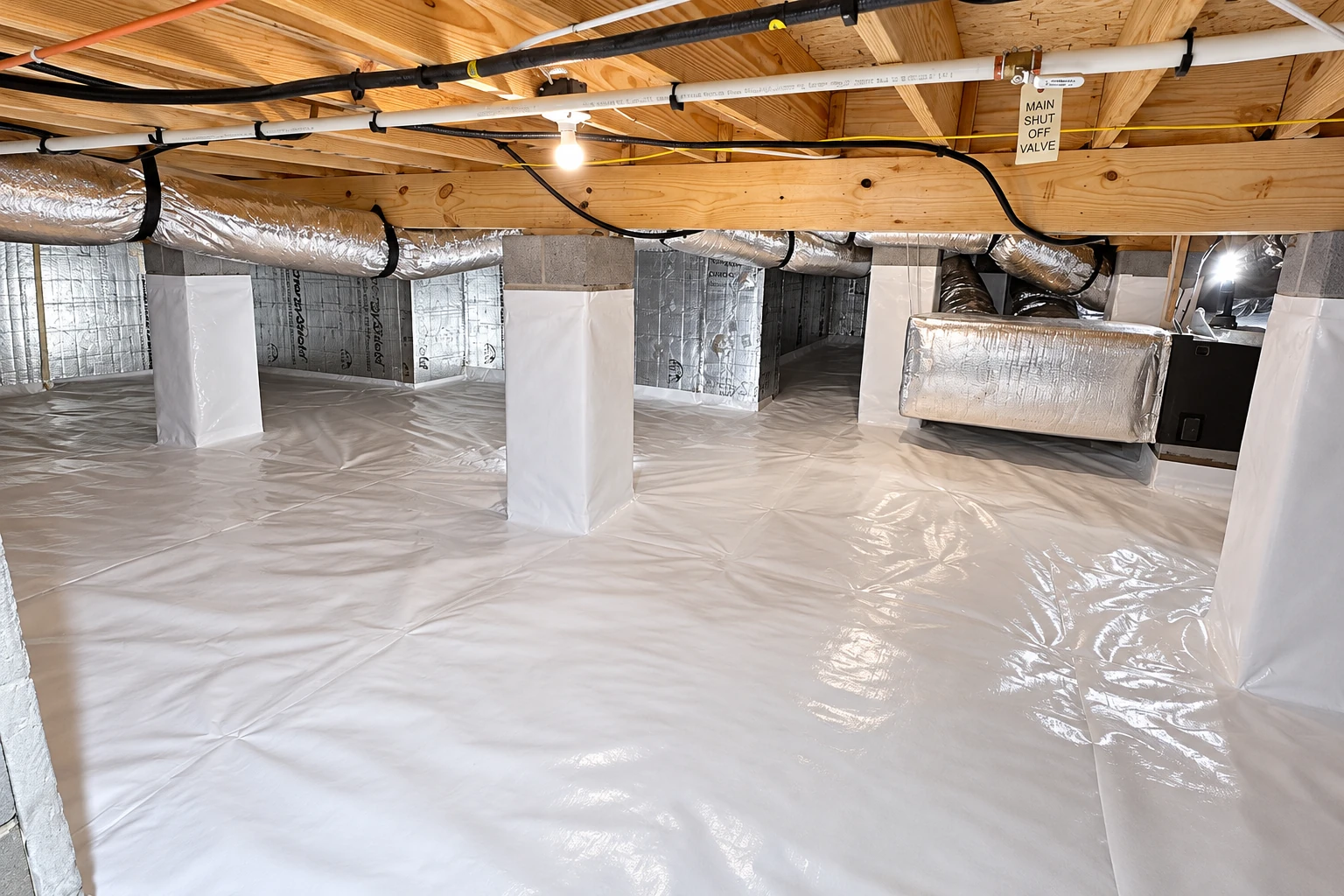 A white plastic vapor barrier covers the crawl-space floor around support piers, ducts, and pipes.