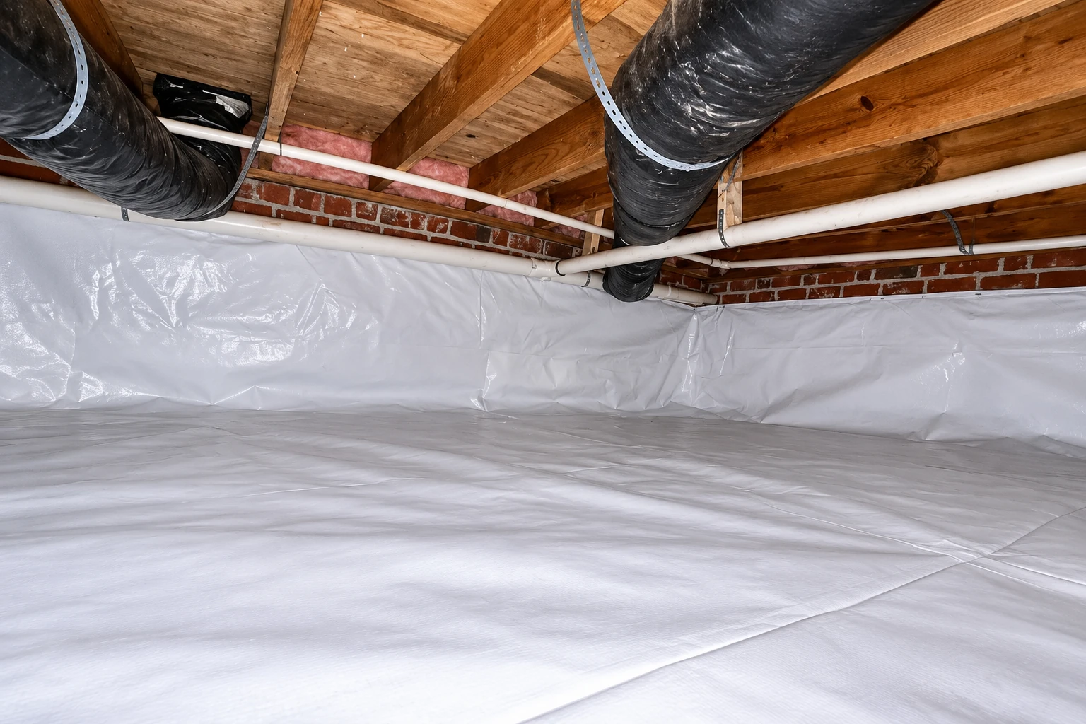 White vapor barrier sheet covers the floor and lower walls of a crawl space beneath pipes and black ducts.