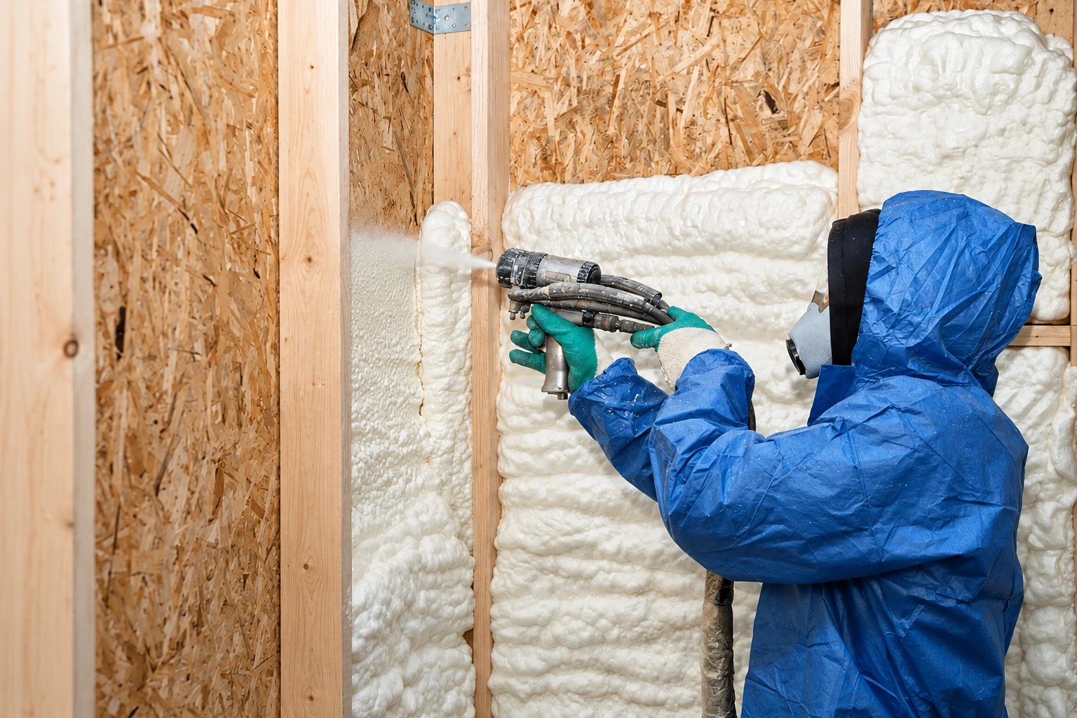 Worker in protective gear sprays white foam insulation between wooden wall studs.